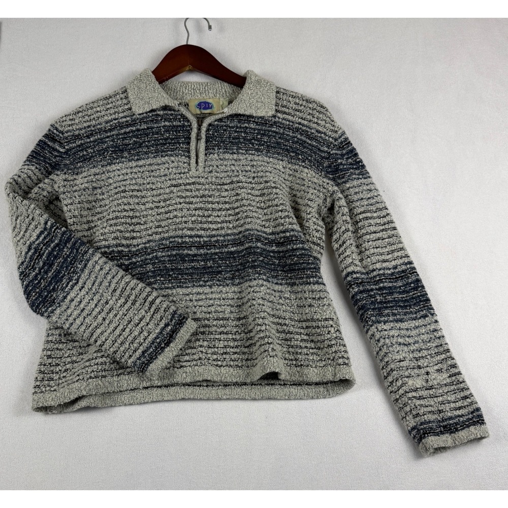 Spin Womens Quarter Zip Striped Textured Knit Sweater Grey Navy Blue Pullover